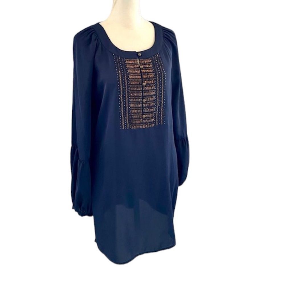 Chico’s navy tunic with copper metallic accents size Small